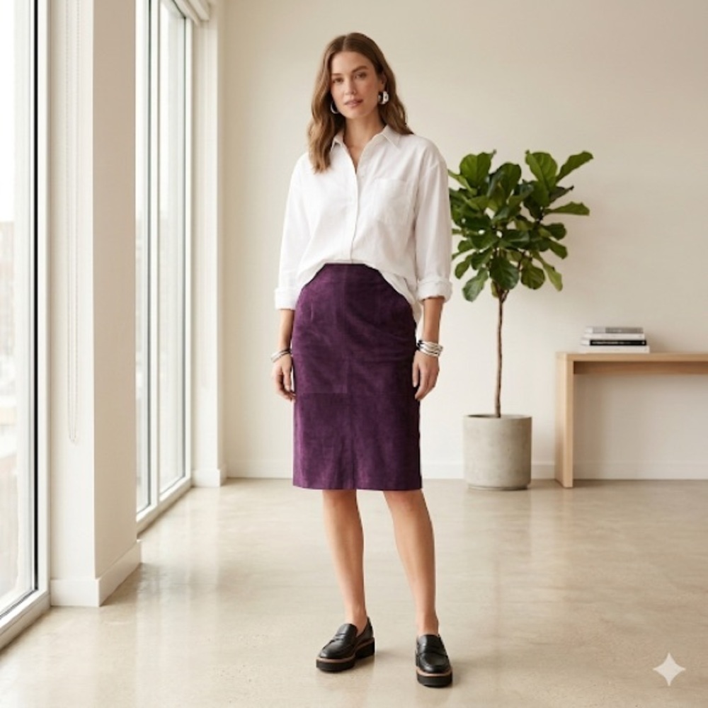 Vintage Danier 1990s Purple Suede High-Waist Pencil Skirt - US 8 (Medium)